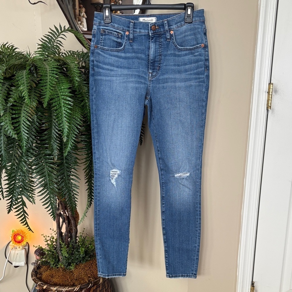 Madewell 9" Mid-Rise Skinny Jeans Medium Blue Ripped Knee Distressed Denim